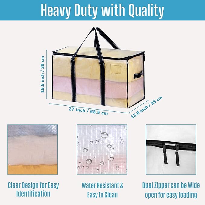 VENO 2 Pack Clear Moving Bags Christmas Storage Bags, Large Storage Bins with Lids, Heavy Duty Holiday Decor Organizers Moving Boxes Tote Packing Garland Ornament Supplies for College Dorm Clothes