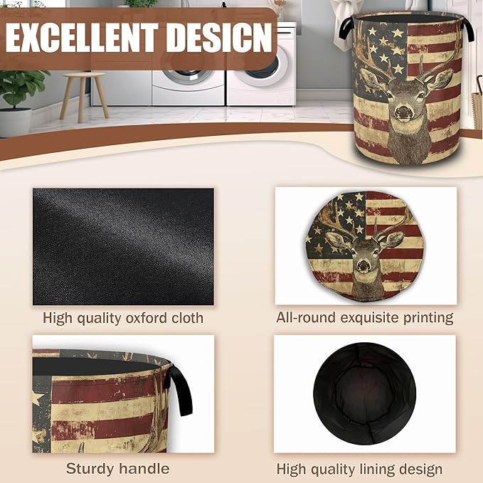 Laundry Hamper,American Flag Deer Laundry Baskets,Waterproof Oxford Cloth Toy Storage for Bedroom,Bathroom,Nursery,16x20.8 Inch