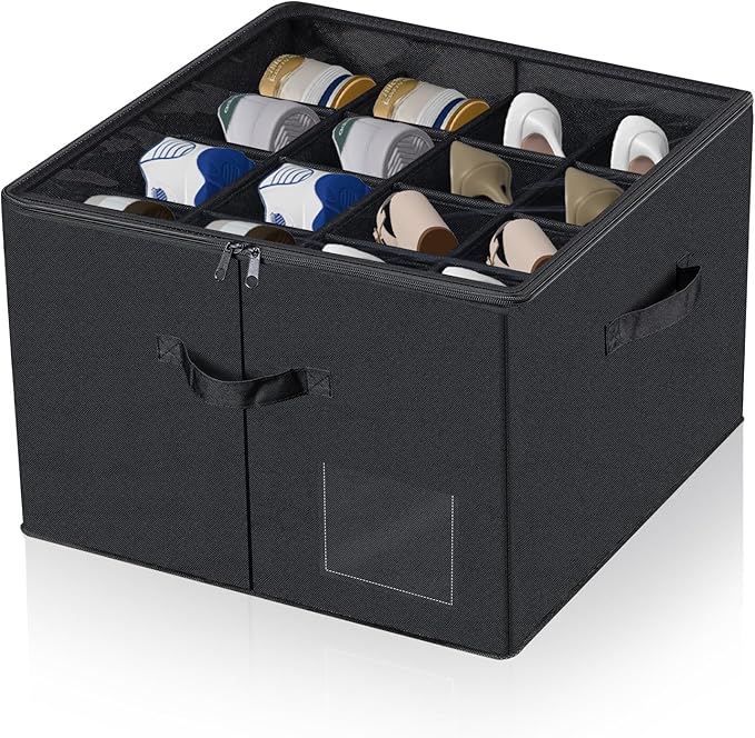 Shoe Storage Organizer, Fits 16 Pairs, Closet Shoe Box with Adjustable Dividers & Transparent Lid, Foldable Fabric Shoe Container with Handles for Space-Saving Shoe Storage (Black)