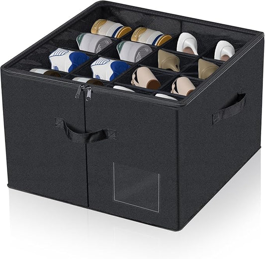 Shoe Storage Organizer, Fits 16 Pairs, Closet Shoe Box with Adjustable Dividers & Transparent Lid, Foldable Fabric Shoe Container with Handles for Space-Saving Shoe Storage (Black)