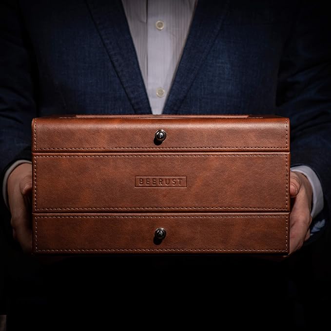 Watch box organizer for men - Leather watch case - Luxury watch box - For large mens wrist watches - Mens jewelry box organizer - Watch case - With mens valet drawer - Watch display case