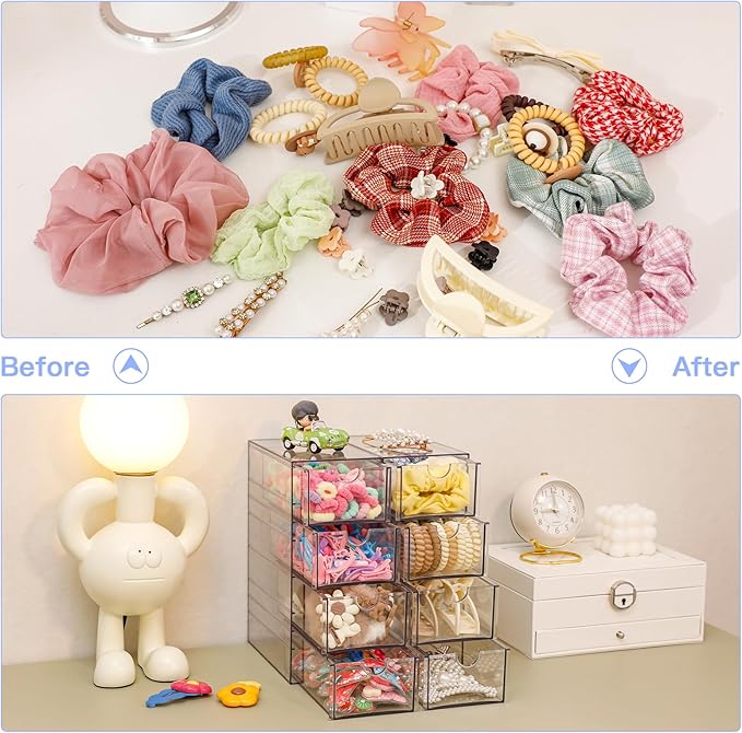 FABROK Clear Hair Accessory Organizer Box with 4 Drawers, Compact Storage Organization Drawers Set for Cosmetics, Glasses, Stationery, Stackable Storage Containers Box for Bathroom, Closet, Desk, Office