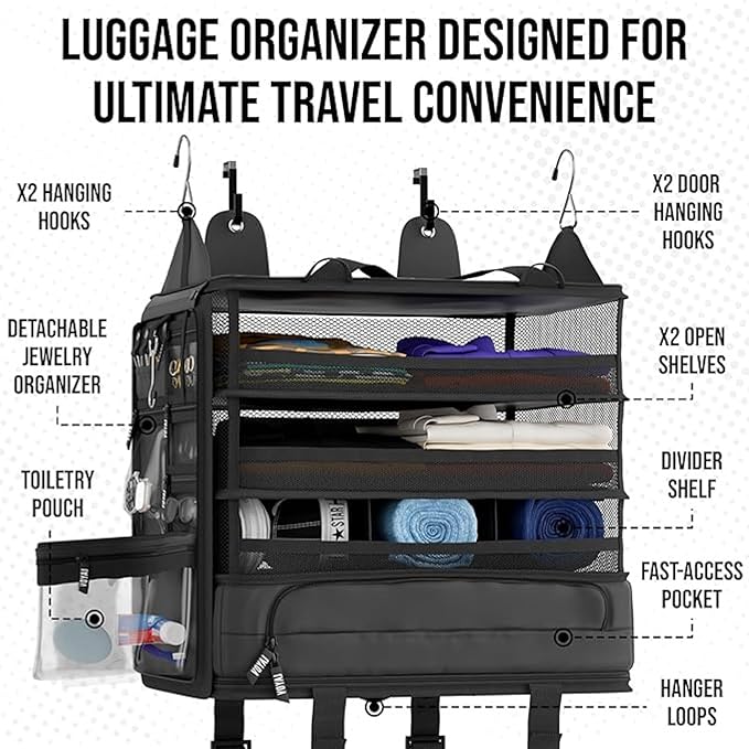 Voyaj Hanging Suitcase Organizer for Travel - Carry on Closet Suitcase, Hanging Luggage Organizers, Travel Organizer - Easily Fits Carry On Luggage for Wrinkle Free Packing