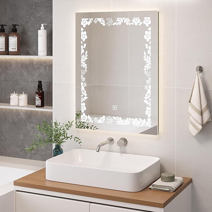 32"*24" Rectangular LED Vanity Mirror with Lights, Bedroom and Bathroom Mirror, Touch Control 3-Color Dimmable Lighting, Easy Wall Mount, Plug-in Power, with Elegant Pattern
