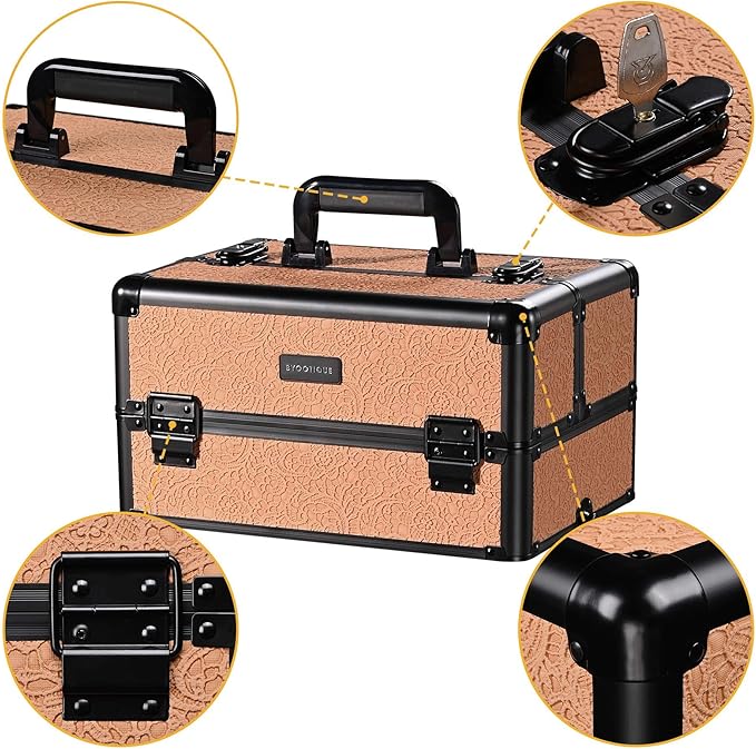 BYOOTIQUE Cosmetology Rolling Case 3-Piece Nail Tech Storage Cart Kit Makeup Torrley Travel Barber Suitcase False Eyelash Storage for Beauty Studio Nail Salon Manicurist,Rococo Coral
