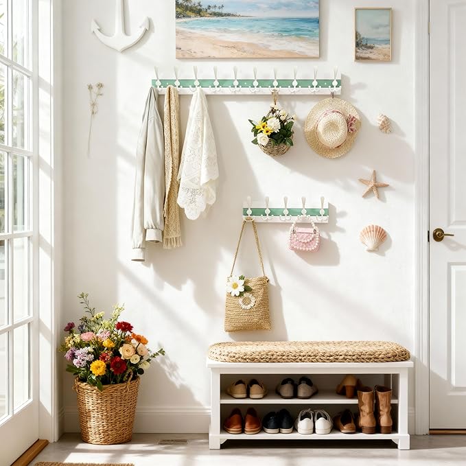 SKOLOO Coastal Wall Mounted Coat Rack - 16-7/8" Beach House Entryway Wooden Coat Hook with 5 Hooks for Hanging Coats, Hats or Towels, Oceanfront Cottage Core Collection, White & Green, Pack of 2