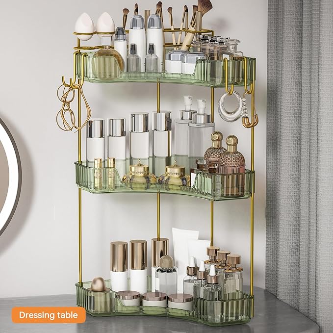 3-Tier Corner Bathroom Counter Organizer，Makeup & Skincare Shelf with Built-in Brush Holder，Space-Saving Bathroom Countertop Organizer for Skincare, Perfume, Cosmetics(Green)