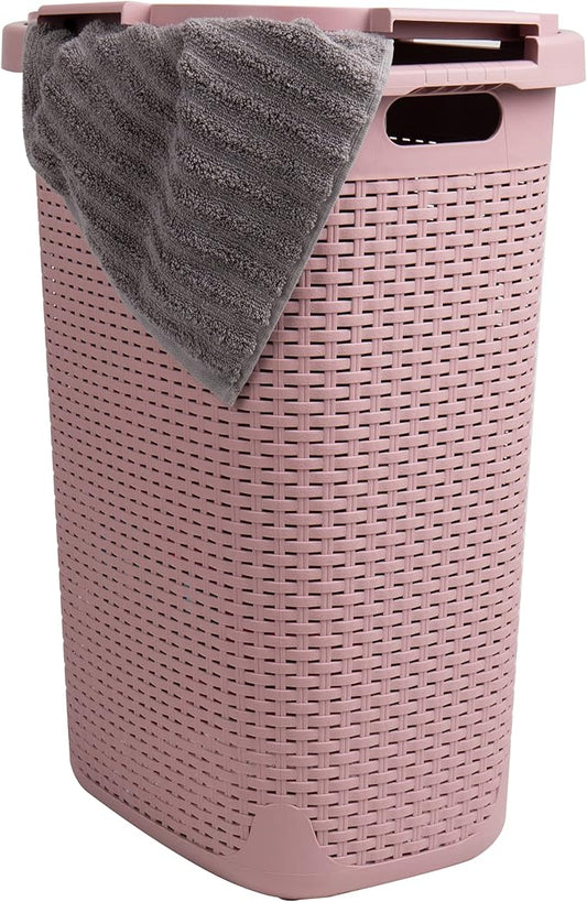 Mind Reader Slim Laundry Hamper with Lid, 60L Clothes Basket, Premium Wicker Design, Plastic, Pink