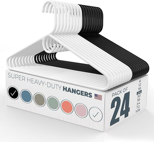 Neaties Super Heavy Duty Clothes Hangers 20 Pack (24 Count) – Made in The USA - 10lb Capacity, Thick Plastic Hangers for Pants, Coats, Jackets, Jeans and Adult Clothing – White & Black