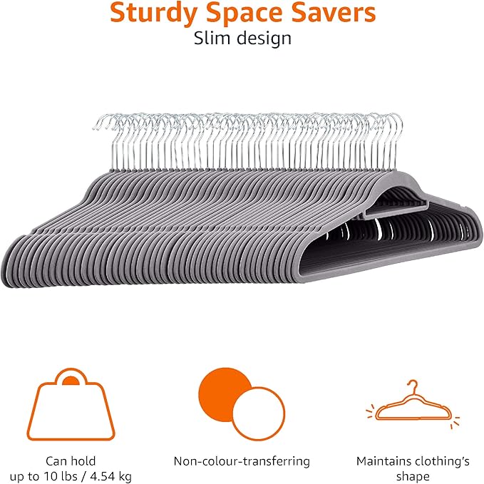 Amazon Basics Heavy Duty Non-Slip Velvet Suit Hangers with Horizontal Tie Bar, 50-Pack, Dark Gray