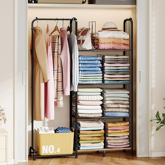 4 Tier Hanging Closet Organizer Separable Hanging Closet Shelves with 4 Adjustable Dividers Freestanding Wardrobe Closet Organizer for Clothing Sweaters Shoes Handbags Clutches Accessories