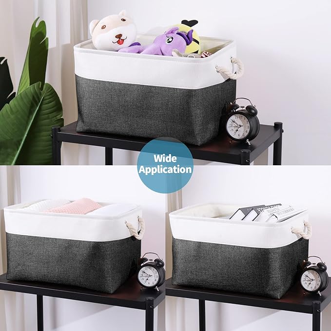 HOdo Home 3PCS Fabric Storage Bin with Drawstring Closure and 2 Bold Handles, Collapsible Large Canvas Storage Baskets for Organizing Shelf Nursery Home (White and Black, 15.8L×11.8W×9.5H)