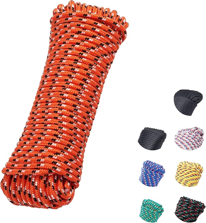 3/8 Inch 100 ft Diamond Braided Polypropylene Rope, All Purpose Thick Boat Marine Ropes for Camping and Flag Pole, Indoor and Outdoor Use, Indoor and Outdoor Use, Orange