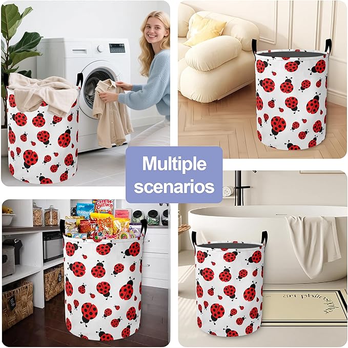 Cute Red Ladybugs Laundry Hamper Large Canvas Fabric Lightweight Storage Basket/Dirty Clothes Collapsible Waterproof for College Dorms, Boys and Girls Bedroom,Bathroom