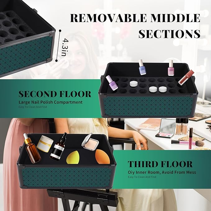AROUS Rolling Makeup Train Case 4 in 1 Cosmetology Case on Wheels Large Storage Cosmetic Trolley with Key Salon Barber Case Traveling Cart Trunk, Green