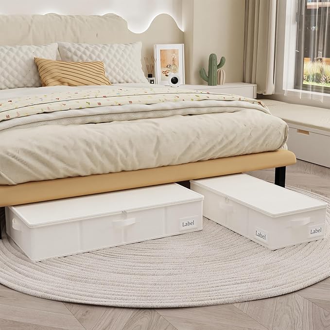 Yawinhe Foldable Underbed Storage Bags, Containers Bin with Lids, Large Under Bed Organizer Box, with Sturdy Zipper und Label Holders, for Clothing, 31.5''Lx15.7''Wx6''H, 2 Pack, Beige