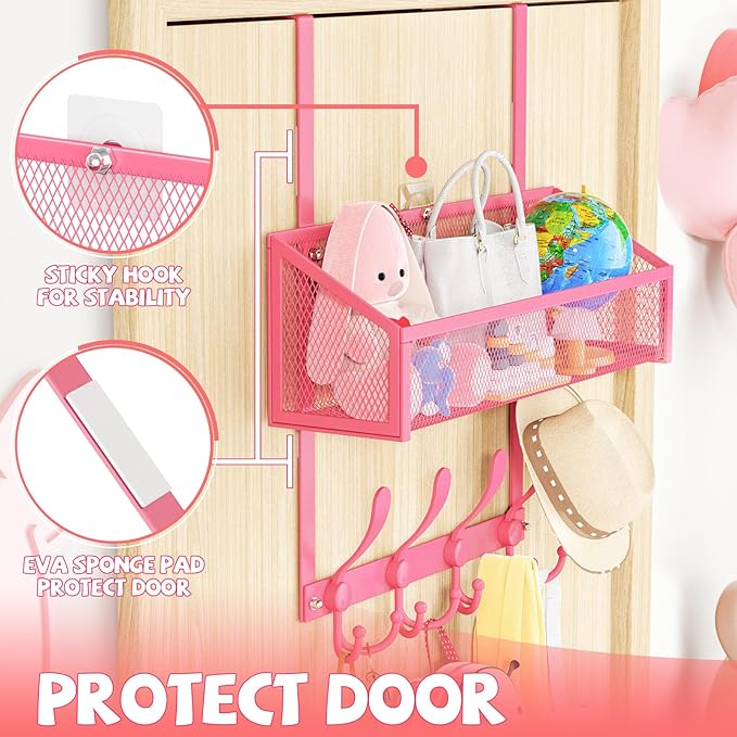 Over The Door Hooks Organizer, Coat Rack Over The Door Storage Hanger Towel Rack, Back of Door Storage Organizer for Bathroom,Bedroom,Kitchen,Office (Pink, 2-Tier)