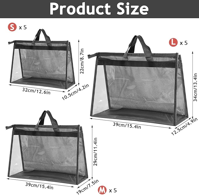 15 PCS Dust Bags for Handbags,Purse Protector Storage Bag,Purse Cover Hanging Closet Organizer with Zipper Handle,Clear Handbag Storage Organizer for Closet,3 Assorted Sizes(Gray)