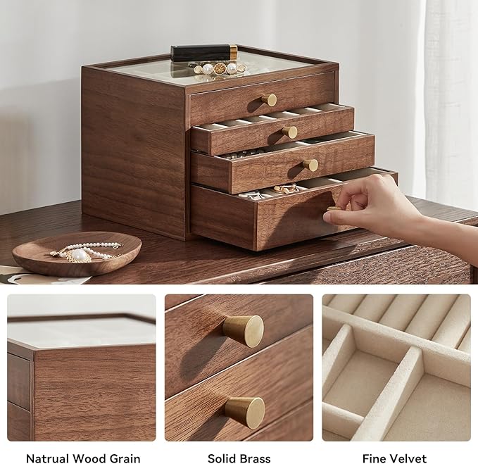 Black Walnut Wooden Jewelry Box for Women large 4 Layer Drawer Organizer Box with Glass Lid for Necklaces, Watch, Necklace, Ring, Earring Storage - Valentine's Day Gifts
