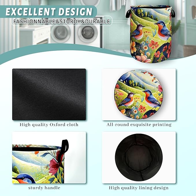 Birds With Flowers Laundry Hamper Foldable With Handles Bird Tote Bag Universal Oxford Cloth Colorful Laundry Basket Clothes Toy Storage Bucket 18.9"x16.5 "For Bathroom/Laundry/Bedroom