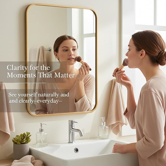 2 Pack Bathroom Mirrors for Over Sink, 24"x36" Gold Framed Vanity Mirror, Rounded Corner Rectangular Metal Mirror for Wall, Mid Century Modern Decor