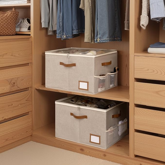 StorageWorks Shoe Oragnizer for Closet, 2 Pack Shoe Storage Cubes Holds Up to 16 Pairs, Space Saving Storage Boxes with Lid and Hanldes, Taupe