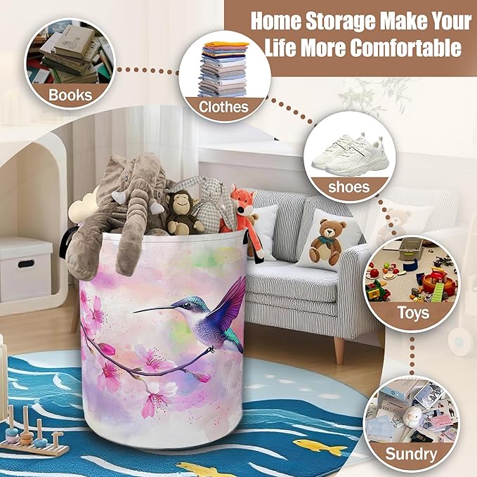 Laundry Basket,Cherry Blossoms and Humming Bird Collapsible Laundry Hamper Waterproof Oxford Cloth With Handles,Storage Bucket Toy Organizer For Bathroom/Bedroom/Nursery,16" x 20.8"