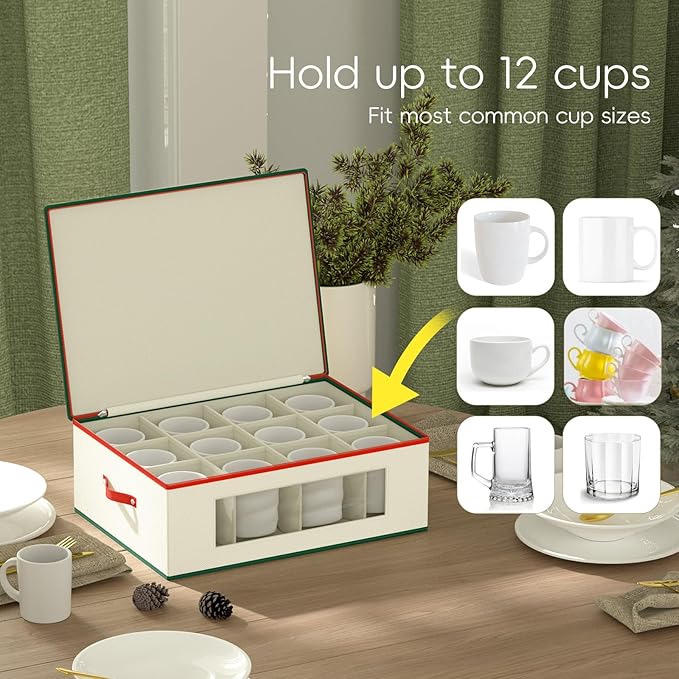 homyfort Mug Storage Box Organizer, China Cup Storage Containers with Dividers, 2 Pack Hard Shell for 24 Tea Cups and Coffee Mugs