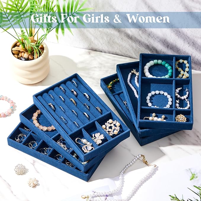 Junkin 18 Pcs Velvet Jewelry Tray Stackable Jewelry Drawer Organizer Jewellery Box Divided Display Tray for Earring Bangle(Peacock Blue)