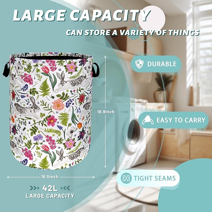 Cute Rabbit Laundry Hamper Foldable With Handles Animal Flower Tote Bag Universal Oxford Cloth Colorful Laundry Basket Clothe Toy Storage Bucket 18.9"x16.5"For Bathroom/Laundry/Bedroom