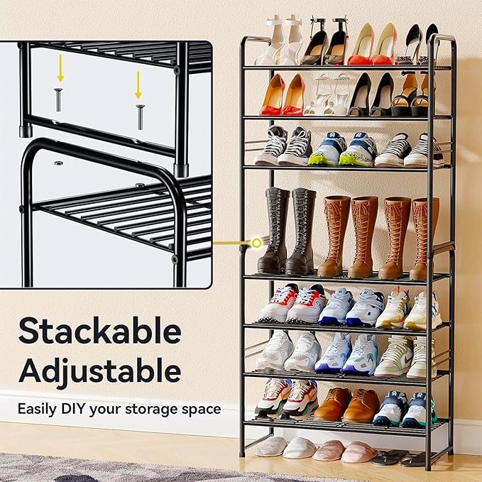 Shoe Rack Metal, Closet Shoe Organizer 4 Tier, Stackable & Adjustable, Black