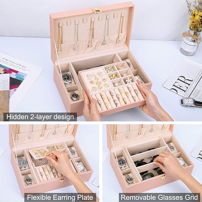 LANDICI Jewelry Box Organizer for Women, 2 Layer 4 Slot Watch Storage Case with Removable Tray, PU Leather Large Jewellery Holder Display for Watches Sunglasses Rings Earrings Necklace, Pink
