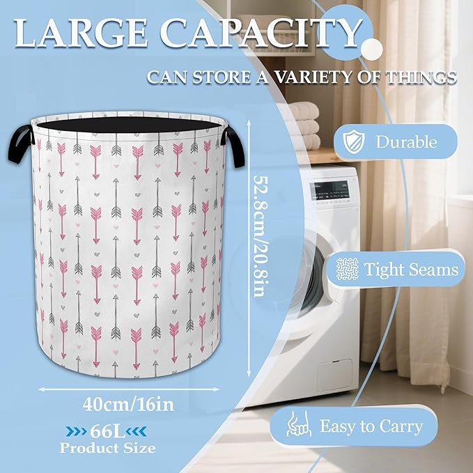 Pink Arrow Laundry Basket Collapsible Laundry Hamper with Handle, Oxford Clothes Toy Storage Bin for Bathroom Bedroom Room Decor, Gift Basket 16" X 20.8"