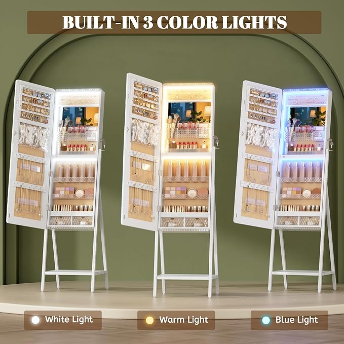 LVSOMT LED Standing Jewelry Mirror Cabinet, Stand Up Full Length Mirror with Storage, Lockable Floor Jewelry Armoire Organizer with 2 Drawers, Bottom Shelf, Built-in Lighted Makeup Mirror (White)