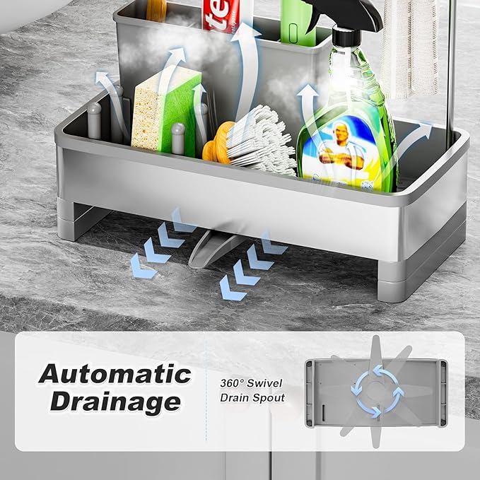 Stainless Steel Sink Caddy, Sponge Holder for Kitchen Sink with Brush Holder & Dishcloth Rack, Rustproof Sink Organizer Countertop, Kitchen Organizers Storage Essentials (F-Gray)