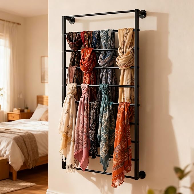 10-Layer Wall Mounted Display Rack, Wrapping Paper Ribbon Organizer Scarves Tie & Scarf Rack Belts Towel Holder Necktie Hijab Stand Metal Shelving for Home, Retail Stores, Flower Shop