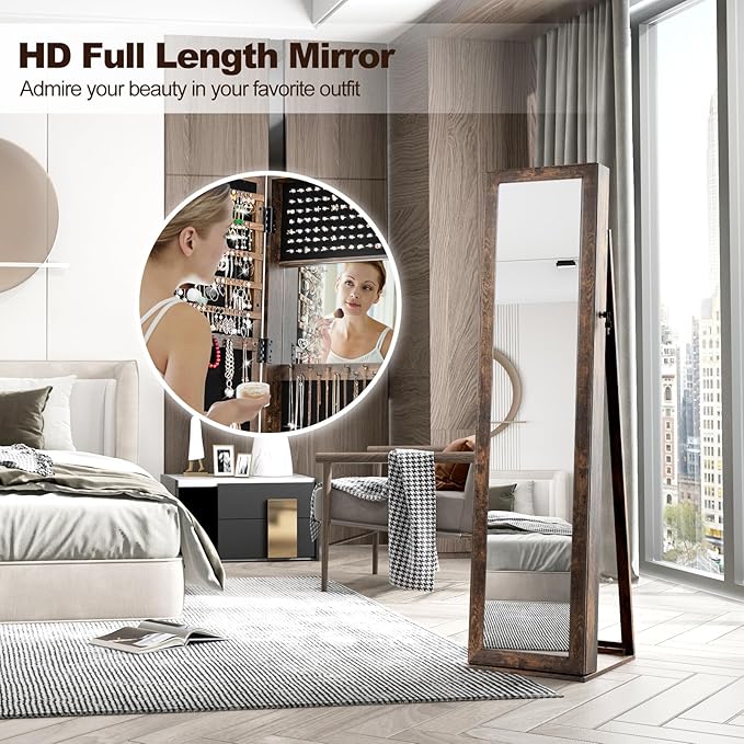 CHARMAID Jewelry Armoire with Full Length Mirror, Lockable Standing Jewelry Cabinet Organizer with Large Storage Capacity, Inside Makeup Mirror, Stable Base, Easy Assembly (Rustic Brown)