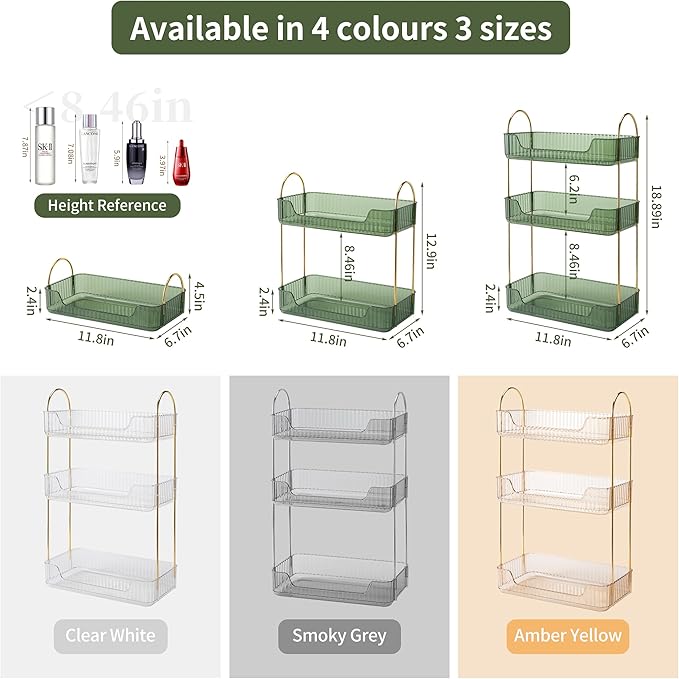 3 Tier Bathroom Organizer Countertop Makeup Perfume Tray Skincare Organizer for Bathroom Dresser Vanity (Green)