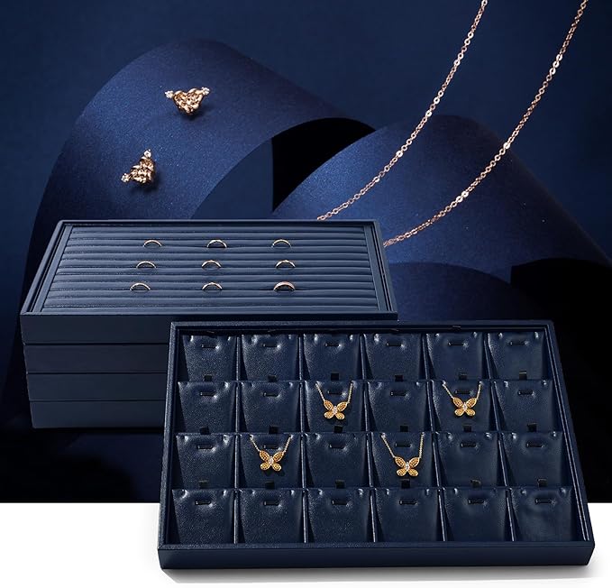 Leather Necklace Tray Jewelry Display Tray 24 Grids Necklace Display Trays Necklace Storage for Drawers With Removable Jewellery Cards Necklace Pendant Tray (Blue