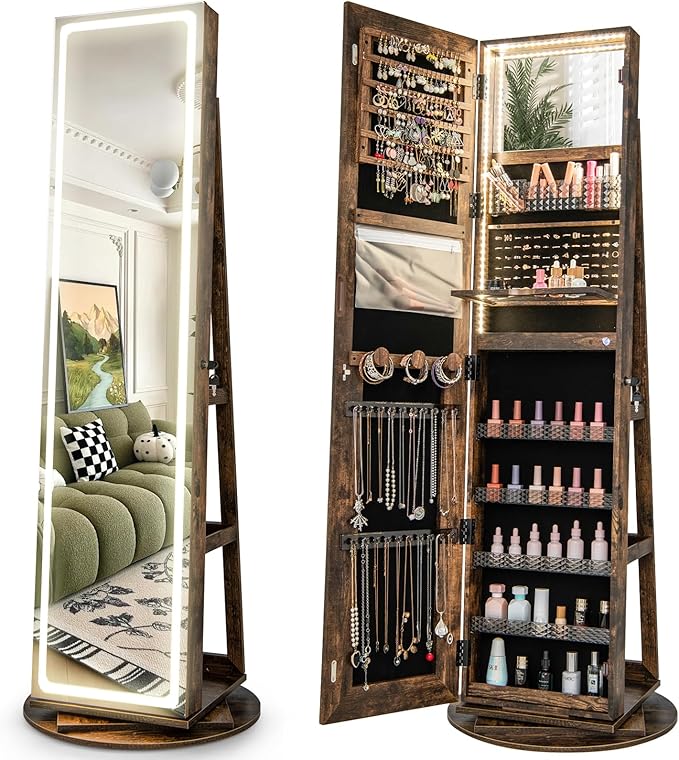 CHARMAID 360° Rotating Jewelry Armoire with LED Lighted Full Length Mirror & Built-in Vanity Mirror, Lockable Standing Jewelry Cabinet with Lights, Large Storage Organizer for Jewelry (Rustic Brown)