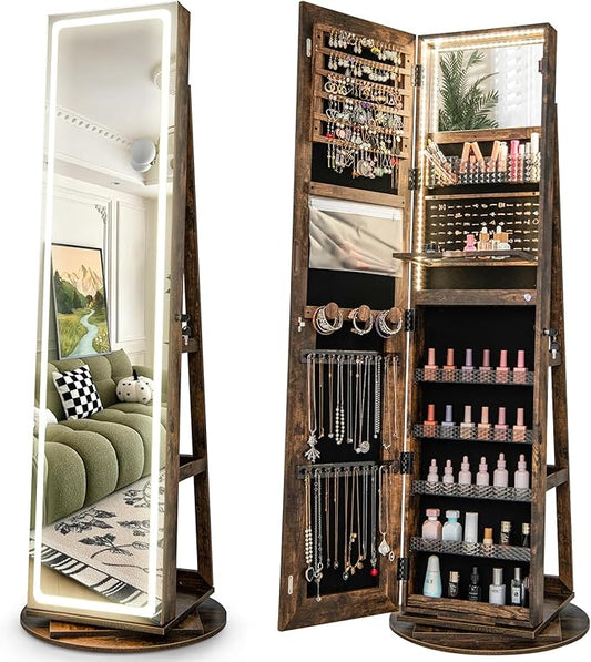 CHARMAID 360° Rotating Jewelry Armoire with LED Lighted Full Length Mirror & Built-in Vanity Mirror, Lockable Standing Jewelry Cabinet with Lights, Large Storage Organizer for Jewelry (Rustic Brown)