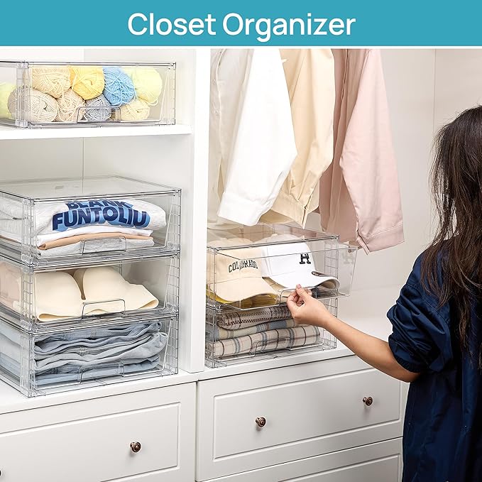 Vtopmart 2 Pack Large Stackable Storage Drawers,Easily Assemble Clear Acrylic Bathroom Closet Undersink Organizers,Plastic Storage Bins for Cabinet,Kitchen Pantry,Medicine Organization