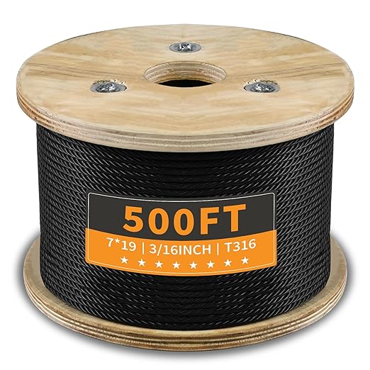 T316 Black 3/16“ Stainless Steel Cable 500ft Wire Rope 7x19 Strands Marine Grade Aircraft Cable 3700lbs Breaking Strength, Cable for Stair Fence Porch Deck Cable Railing, Clothesline & Yard Zipline