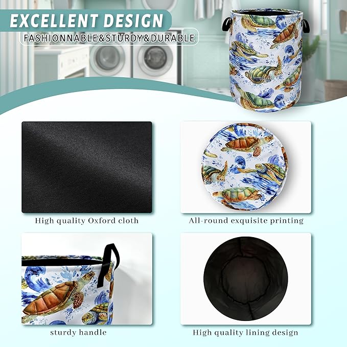 Sea Turtles Laundry Basket With Handles Oxford Cloth Tote Bag Colorful Turtle Laundry Hamper 18.9"x16.5 "Foldable Clothe Storage Bucket Toy Organizer For Bathroom/Laundry/Bedroom