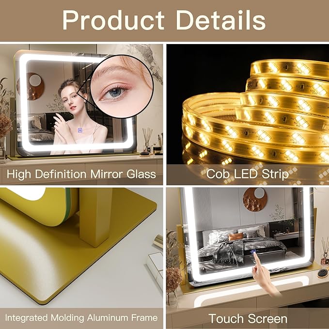 FENNIO Gold Vanity Mirror with Lights 22"x19", LED Lighted Makeup Mirror, Large Makeup Mirror, Make up Mirror with Lighting,Touch Screen with 3-Color Lighting,Dimmable,for Vanity Desk Tabletop