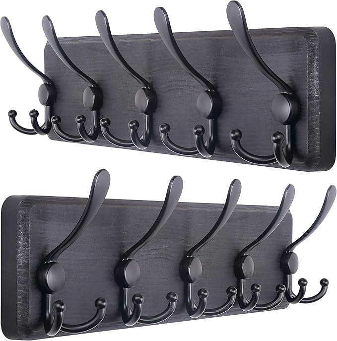 SKOLOO Coat Rack Wall Mounted - Pack of 2, Wooden, Heavy Duty, Rustic Coat Hooks for Wall, 16'' Hole to Hole, Wall Coat Rack with 5 Triple Hooks for Hanging Clothes, Jacket, Hat(Black)