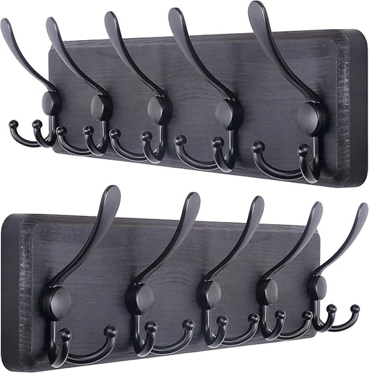 SKOLOO Coat Rack Wall Mounted - Pack of 2, Wooden, Heavy Duty, Rustic Coat Hooks for Wall, 16'' Hole to Hole, Wall Coat Rack with 5 Triple Hooks for Hanging Clothes, Jacket, Hat(Black)