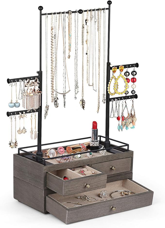 OLAKEE Jewelry Organizer - 2 Layer Wooden Jewelry Drawer Storage Box with 6 Tier Jewelry Tree Stand, Jewelry Display for Necklaces Bracelet Earring Ring Weathered Grey