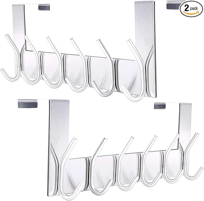 SKOLOO Over The Door Hook - 6 Hooks, No Assembly Required, Stainless Steel Door Hooks, Over Door Coat Rack for Hanging Coats Clothes Hats Robes, Silver, Pack of 2