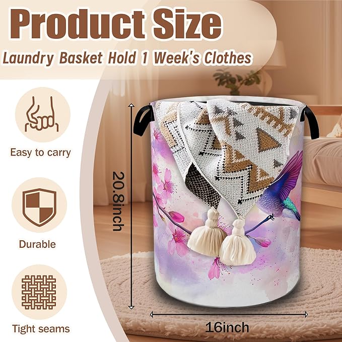 Laundry Basket,Cherry Blossoms and Humming Bird Collapsible Laundry Hamper Waterproof Oxford Cloth With Handles,Storage Bucket Toy Organizer For Bathroom/Bedroom/Nursery,16" x 20.8"